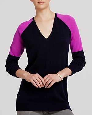 Aqua Cashmere Sweater - Colorblock V-Neck