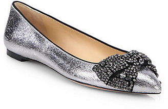 Tory Burch Vanessa Crystal-Bow Craquelle Suede Ballet Flats