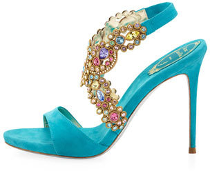 Rene Caovilla Jeweled Halter Platform Sandal, Turquoise Multi