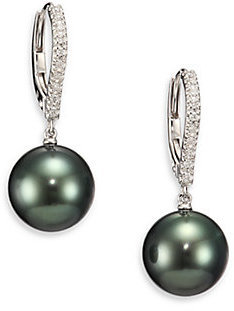Mikimoto 10MM Black Round Cultured South Sea Pearl, Diamond & 18K White Gold Drop Earrings