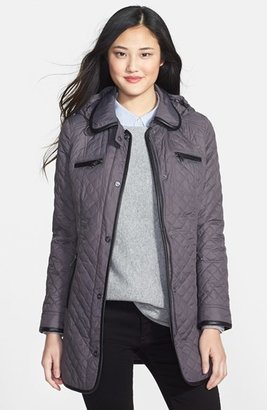Steve Madden Faux Leather Trim Quilted Walking Coat with Removable Hood (Online Only)