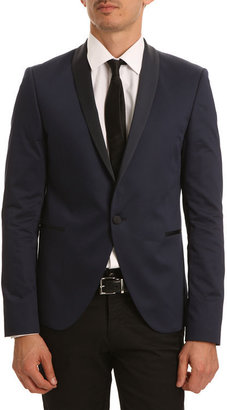 THE SUITS Blue Marine Cotton Evening Jacket, Contrasting Black Collar