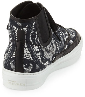 Alexander McQueen Lace & Skull-Print High-Top Sneaker, Black/White