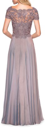 La Femme Lace Bodice Chiffon A-Line Gown