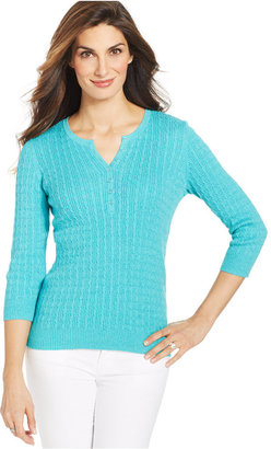 Karen Scott Petite Marled Cable-Knit Henley Sweater