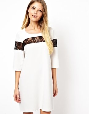 Love Shift Dress with Lace Insert - White with black lac