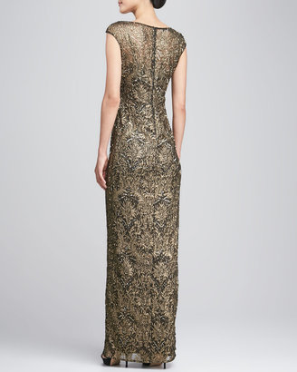 Kay Unger New York Cap-Sleeve Sequined Beaded Gown