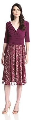Sangria Women's Long Sleeve V Neck Rouched Top Over Lace Skirt Dress