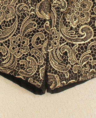 ChicNova High Waist Shorts with Golden Floral Lace and PU Panel
