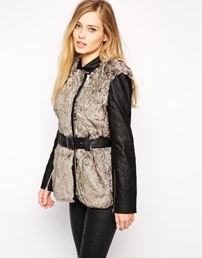 French Connection Alexia Coat in Faux Fur and PU - Carbon/black