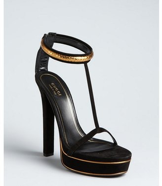 Gucci black suede and snakeskin evening t-straps