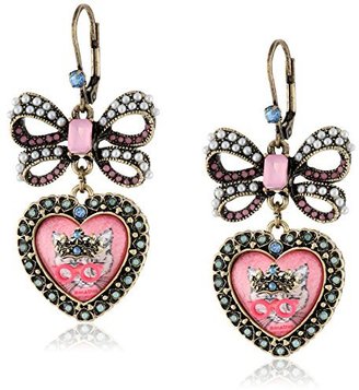 Betsey Johnson Cameo Critters" Kitty Heart and Bow Drop Earrings