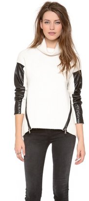 Milly Leather Sleeve Turtleneck Sweater
