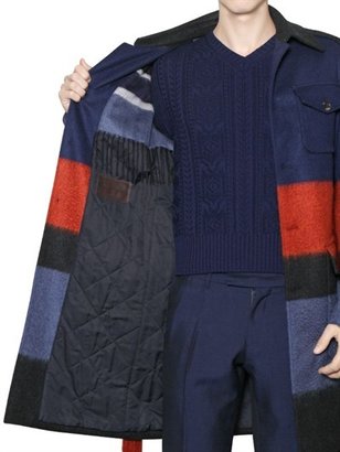 Ferragamo Maxi Striped Belted Brushed Wool Coat