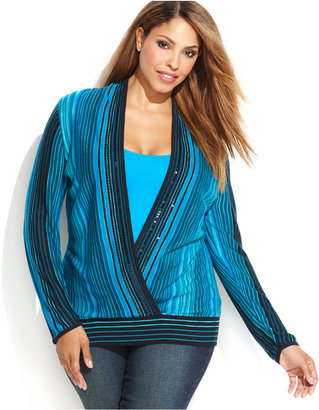 INC International Concepts Plus Size Embellished Striped Surplice Sweater