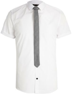 River Island White short sleeve poplin shirt with tie