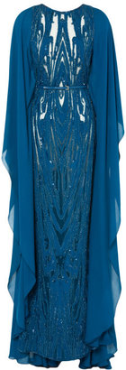 Elie Saab Embroidered Blue Double Silk Georgette Butterfly Sleeve