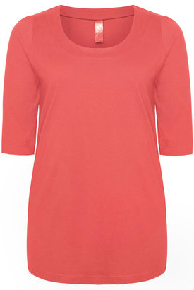 Yours Clothing Coral Band Scoop Neckline Basic T-shirt With 3/4 Sleeves
