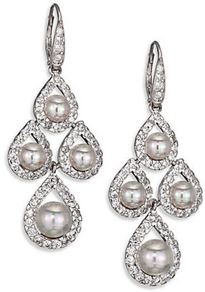 Majorica 6MM-8MM White Round Pearl & Sterling Silver Pavé Teardrop Chandelier Earrings