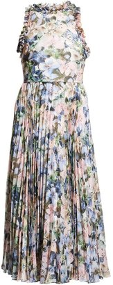 Badgley Mischka Pleated Floral-Print Ruffle Dress