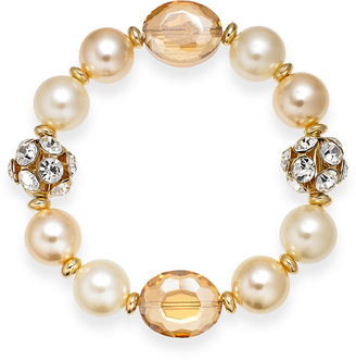 Charter Club Gold-Tone Imitation Pearl and Glass Stone Stretch Bracelet