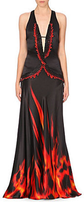 Roberto Cavalli Bead-embellished fire-print silk-satin gown