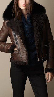 Burberry Shearling Aviator Jacket With Removable Fur Topcollar
