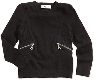 Milly Minis Zipper-Detail Pullover Sweater, Black