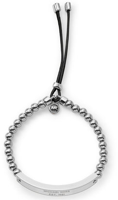 Michael Kors Silver-Tone Bead and Logo Plaque Stretch Bracelet
