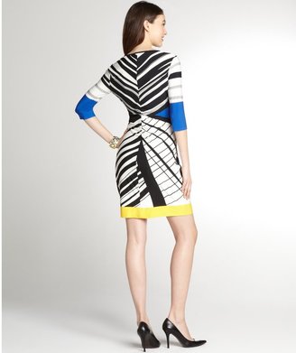Donna Morgan Blue And Yellow Multi-Colored Three Quarter Sleeve Dress