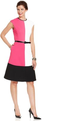 Maggy London Cap-Sleeve Belted Colorblock Dress