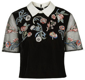 Topshop Womens Embroidered Collar Tee - Black