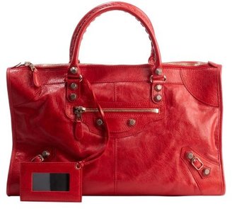 Balenciaga red distressed leather 'Giant Work' large top handle bag