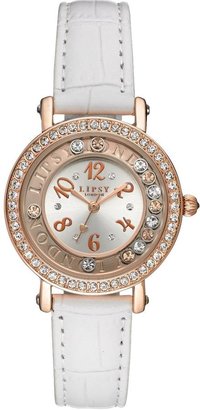 Lipsy Rose Gold Tone Floating Stones Dial And White Leather Strap Ladies Watch