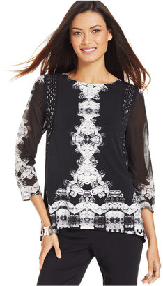 Style&Co. Chiffon-Sleeve Printed Embellished Top