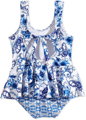 Seafolly Peplum One-Piece Tank Swimsuit, Blue/White, Girls' 0-7
