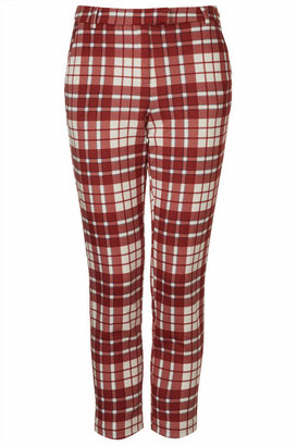 Topshop Petite tailored cigarette trousers with all-over red check print. 93% polyester, 7% elastane. machine washable.