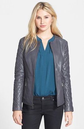 T Tahari 'Helene' Collarless Leather Scuba Jacket (Regular & Petite)