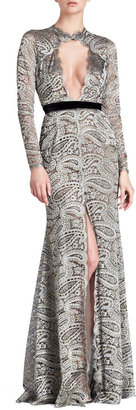 Naeem Khan Paisley-Lace Gown with Front Keyhole