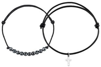 Silver Cross Leather And Hematite Stone Cotton Cord Bracelet Set - Black