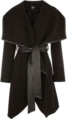 Oasis Faux Leather Trim Belted Drape Coat