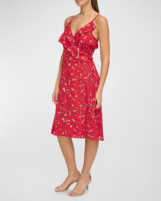 Donna Karan Floral-Print Ruffle-Trim Midi Wrap Dress