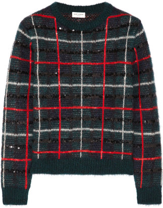 Saint Laurent Sequined Tartan Mohair-Blend Sweater
