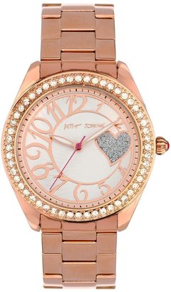 Betsey Johnson Glitter Heart Dial Detail Stone Set Bezel, Rose Gold Tone Stainless Steel Bracelet Ladies Watch