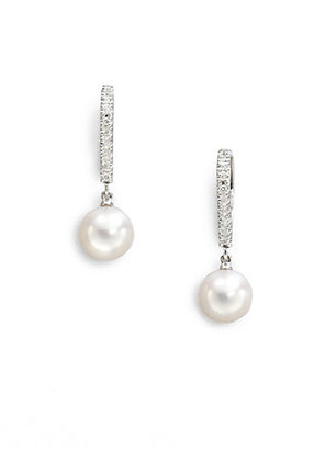 Mikimoto 7.5MM White Cultured Akoya Pearl, Diamond & 18K White Gold Drop Earrings
