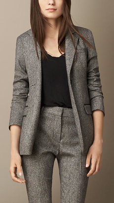 Burberry Tailored Wool Jacket with Leather Trim