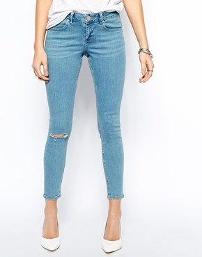 ASOS Whitby Low Rise Skinny Ankle Grazer Jeans in California Light Wash with Ripped Knee