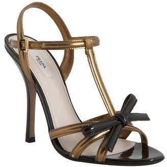 Prada bronze and black leather bow detail sandals