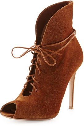 Gianvito Rossi Suede V-Neck Lace-Up Bootie, Luggage