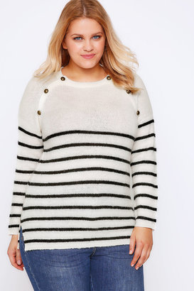 Yours Clothing Cream & Black Stripe Knit Jumper With Bronze Buttons